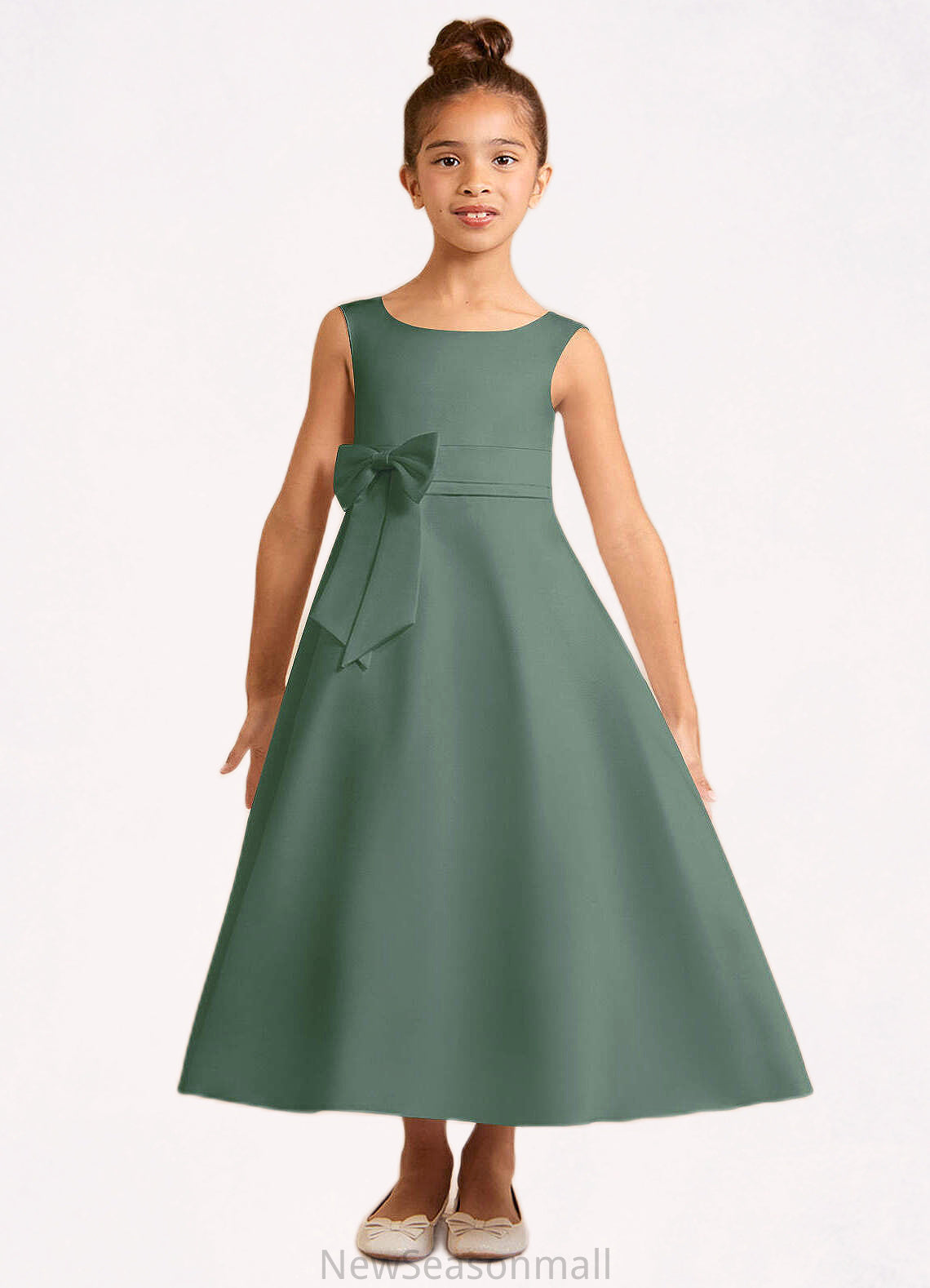 Precious A-Line Pleated Matte Satin Ankle-Length Dress Eucalyptus HEP0022803