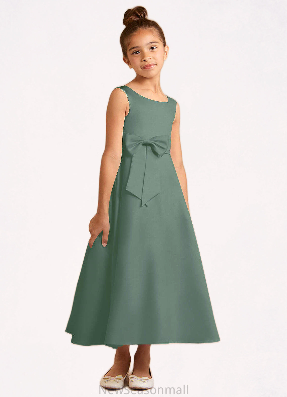 Precious A-Line Pleated Matte Satin Ankle-Length Dress Eucalyptus HEP0022803