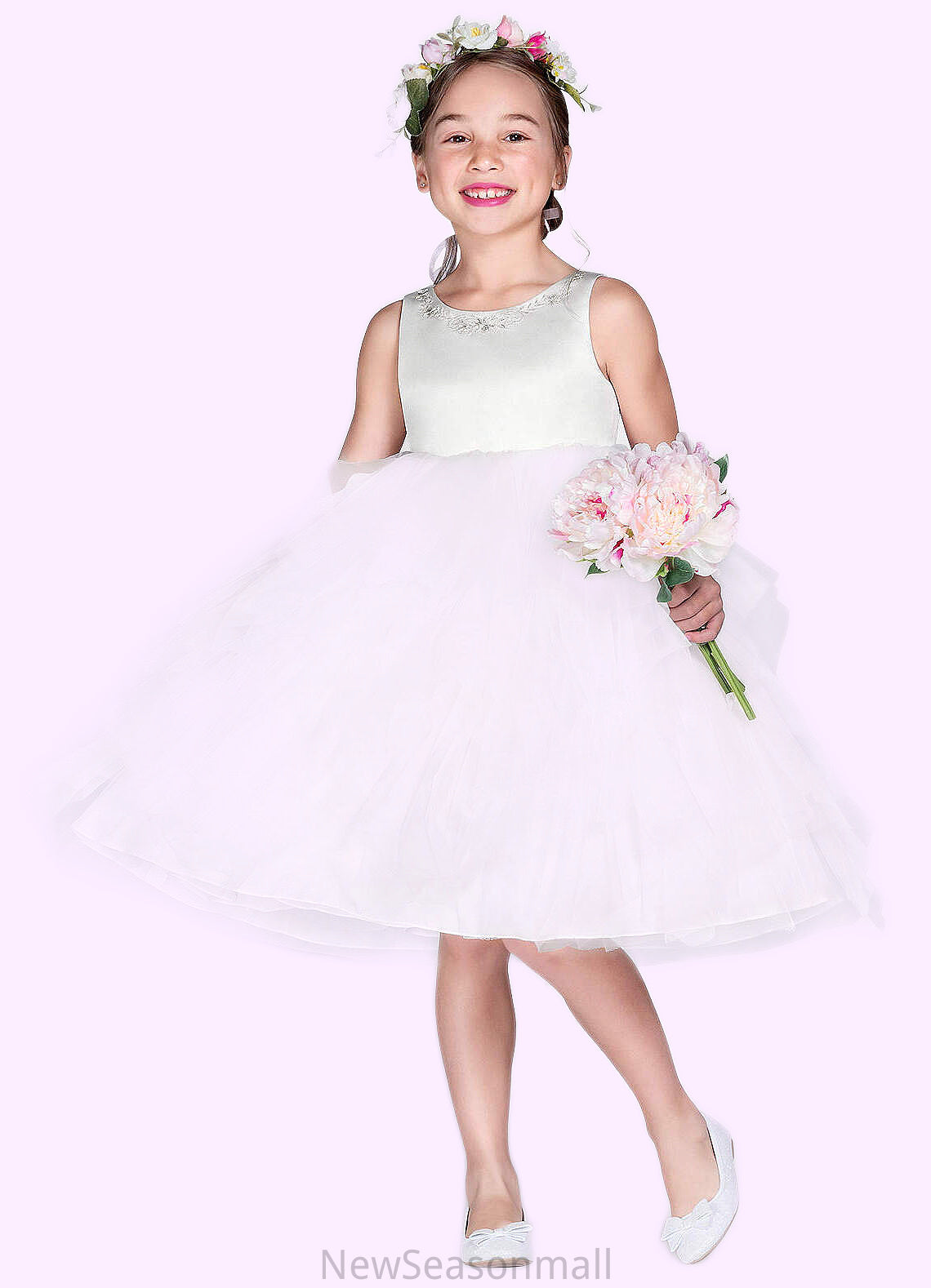 Salome Ball-Gown Embroidered Tulle Knee-Length Dress Diamond White HEP0022808