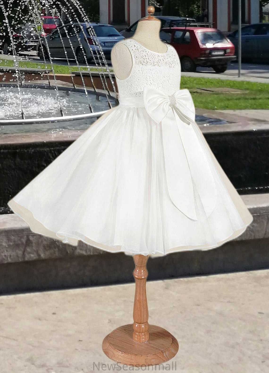 Rita A-Line Lace Organza Knee-Length Dress Diamond White HEP0022811