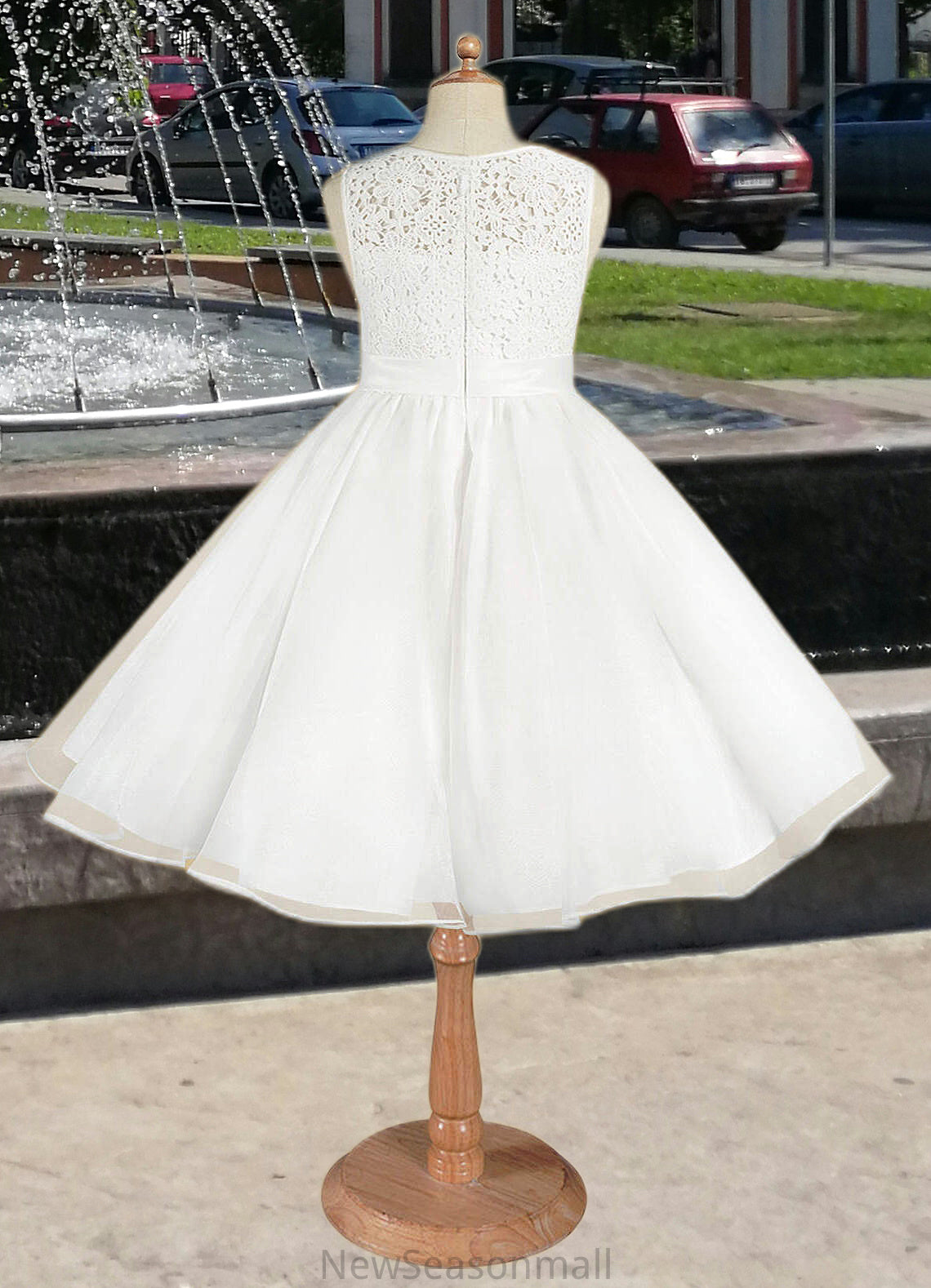 Rita A-Line Lace Organza Knee-Length Dress Diamond White HEP0022811