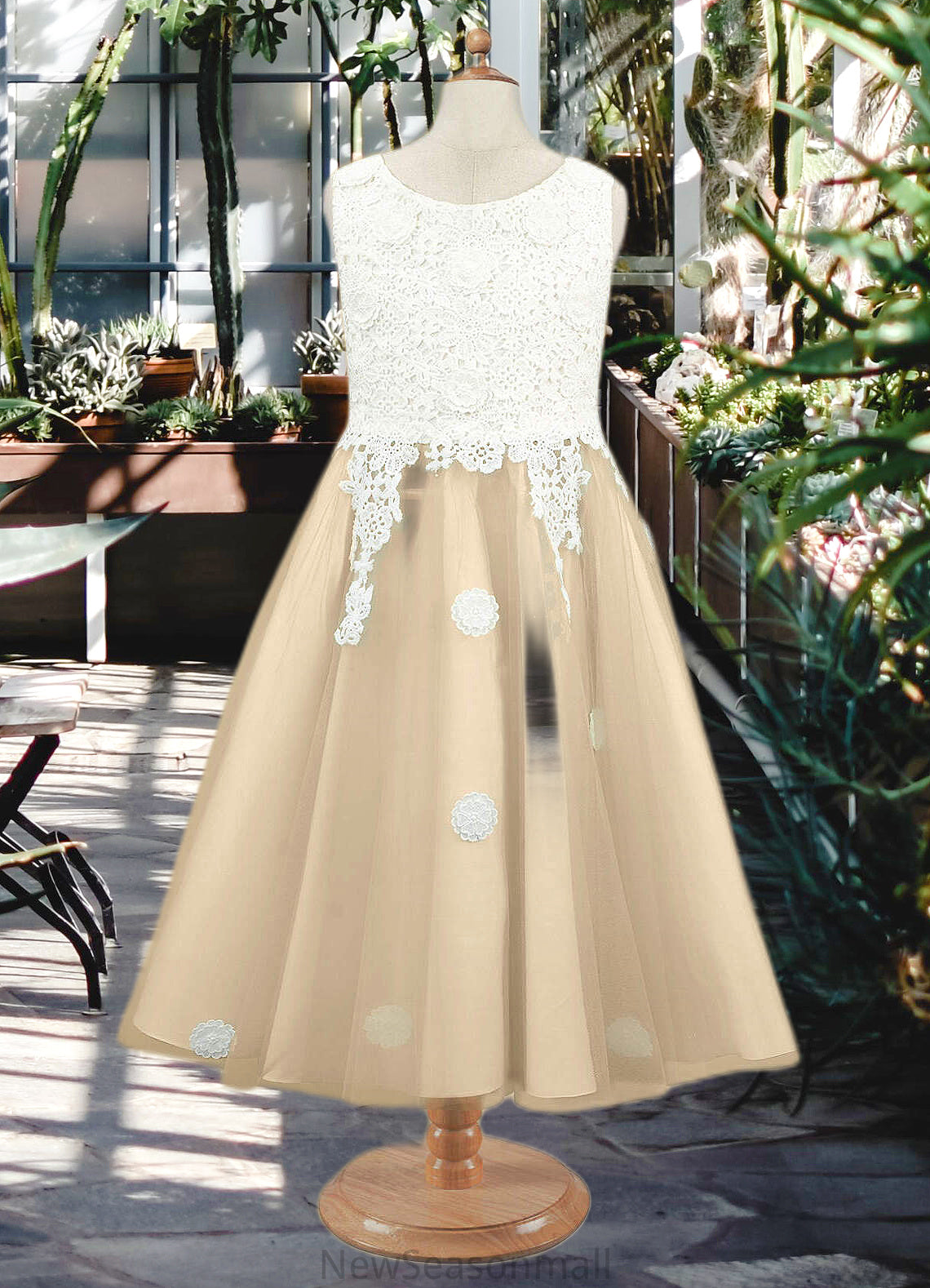 Quintina A-Line Lace Tulle Tea-Length Dress Ivory/Champagne HEP0022812