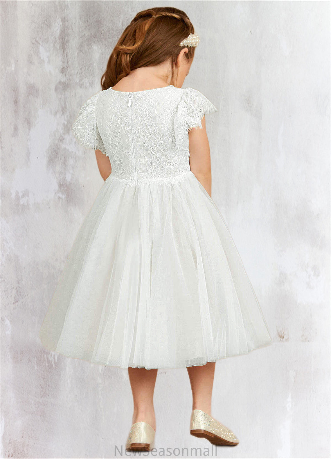 Alannah A-Line Lace Tulle Knee-Length Dress Diamond White HEP0022813