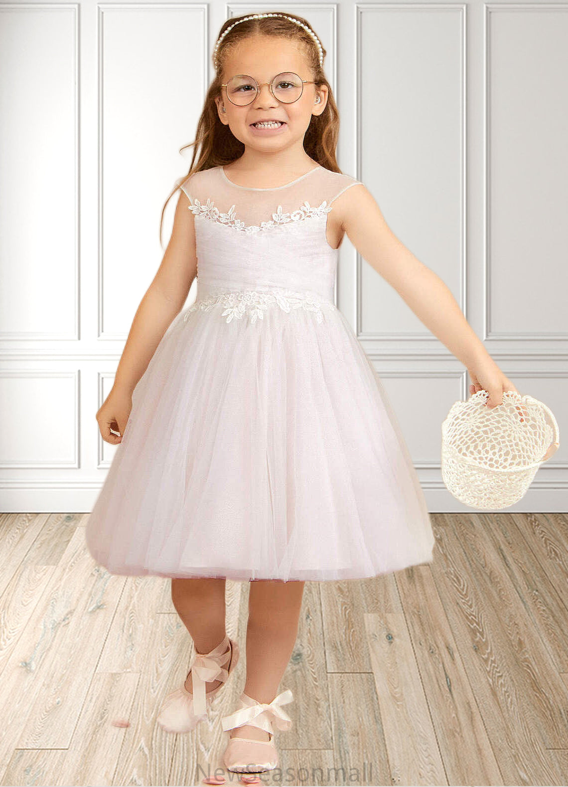 Deborah A-Line Lace Tulle Knee-Length Dress Diamond White/Blushing pink HEP0022858