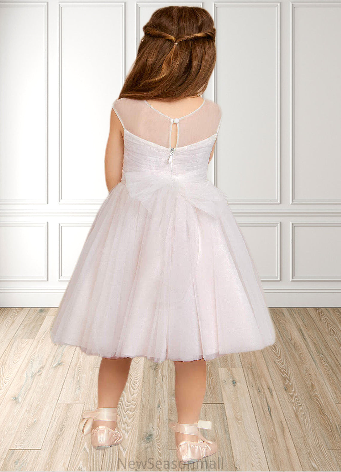 Deborah A-Line Lace Tulle Knee-Length Dress Diamond White/Blushing pink HEP0022858