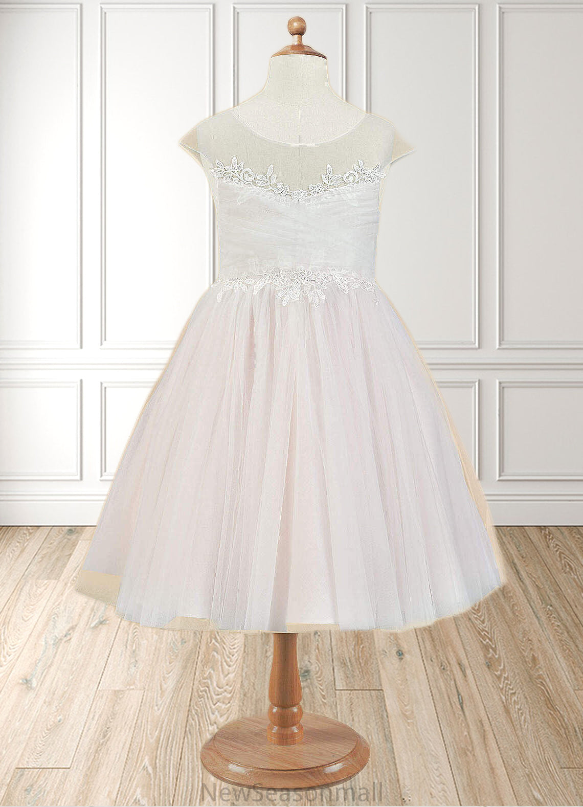 Deborah A-Line Lace Tulle Knee-Length Dress Diamond White/Blushing pink HEP0022858