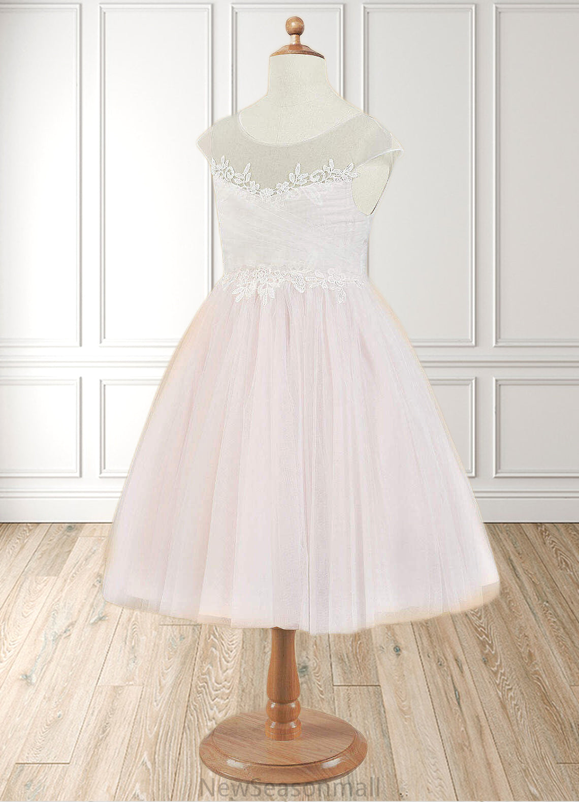 Deborah A-Line Lace Tulle Knee-Length Dress Diamond White/Blushing pink HEP0022858