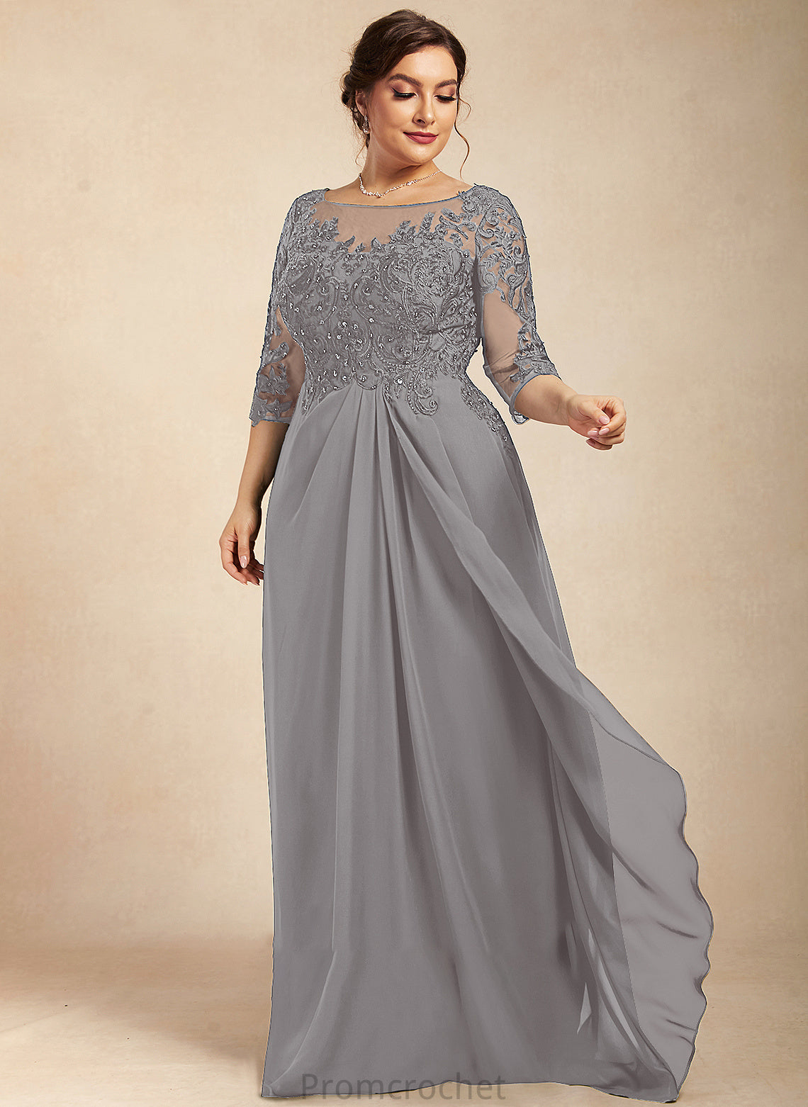 Cascading Beading Dress Scoop Chiffon A-Line Neck Lace Bride Floor-Length With Emily Mother of the Bride Dresses of the Ruffles Mother Sequins