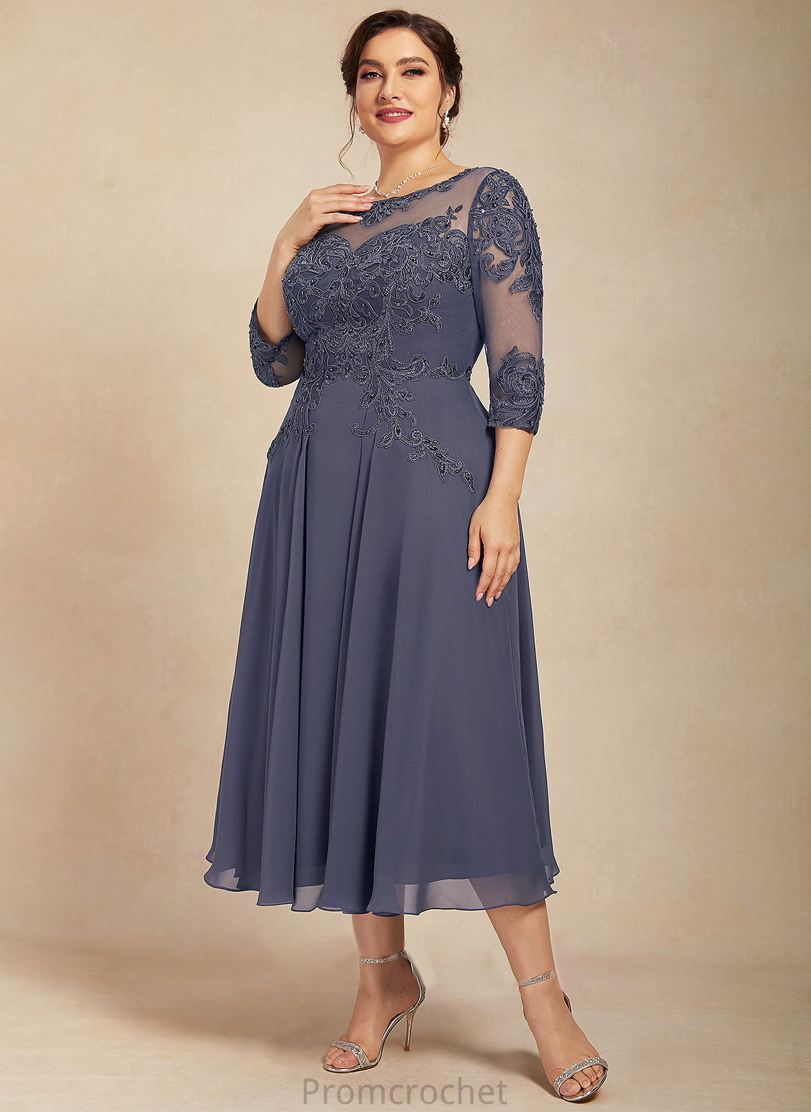 Yamilet Lace Dress the Bride Scoop Sequins Chiffon Mother Mother of the Bride Dresses Neck With Tea-Length A-Line of Beading