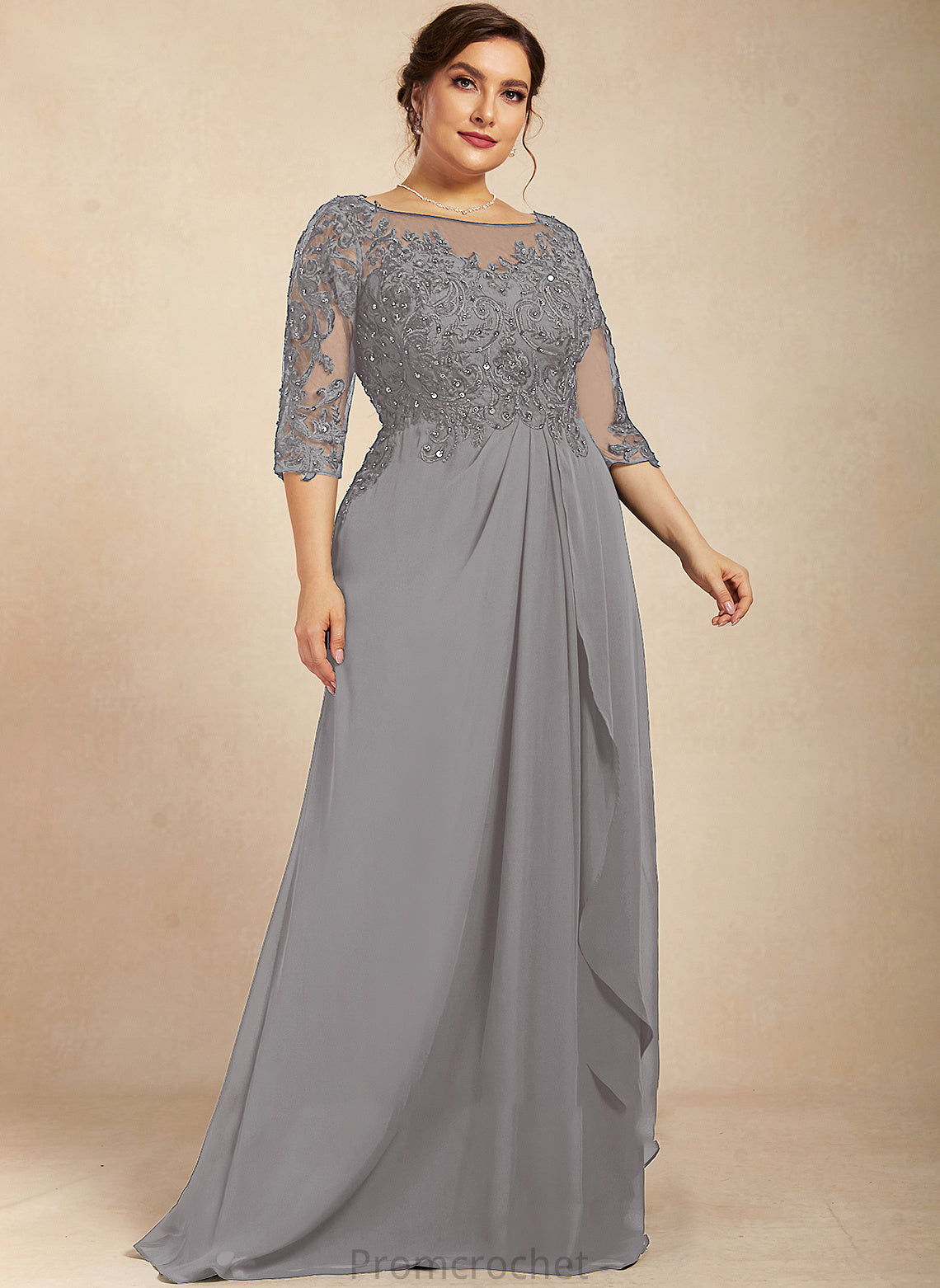 Cascading Beading Dress Scoop Chiffon A-Line Neck Lace Bride Floor-Length With Emily Mother of the Bride Dresses of the Ruffles Mother Sequins