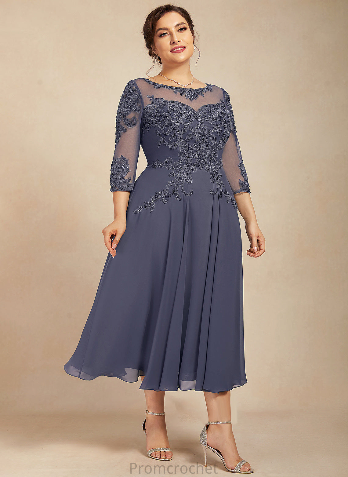 Yamilet Lace Dress the Bride Scoop Sequins Chiffon Mother Mother of the Bride Dresses Neck With Tea-Length A-Line of Beading