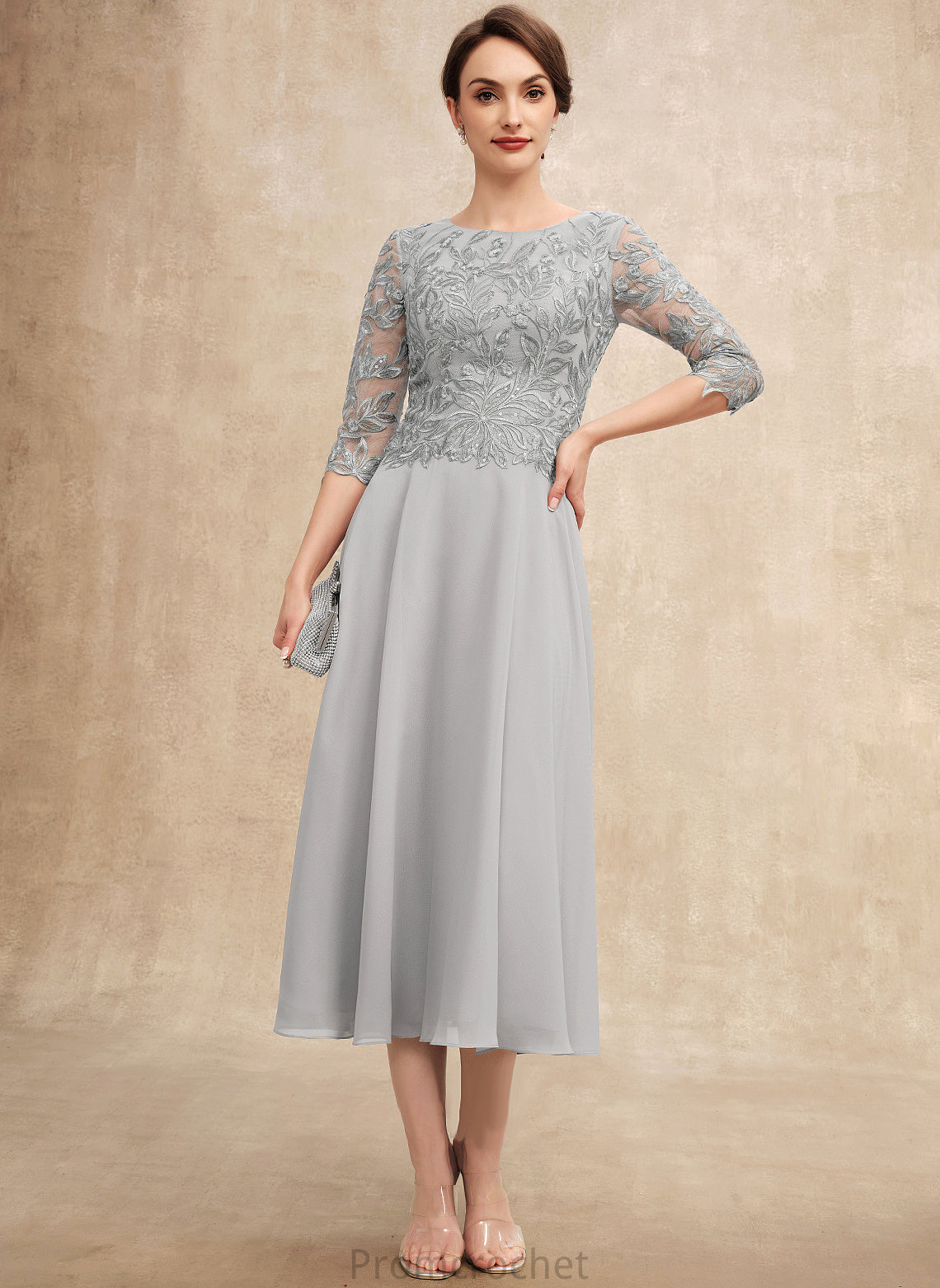 of Marilyn Tea-Length Mother of the Bride Dresses the Scoop A-Line Mother Chiffon Bride Sequins Neck Lace Dress With