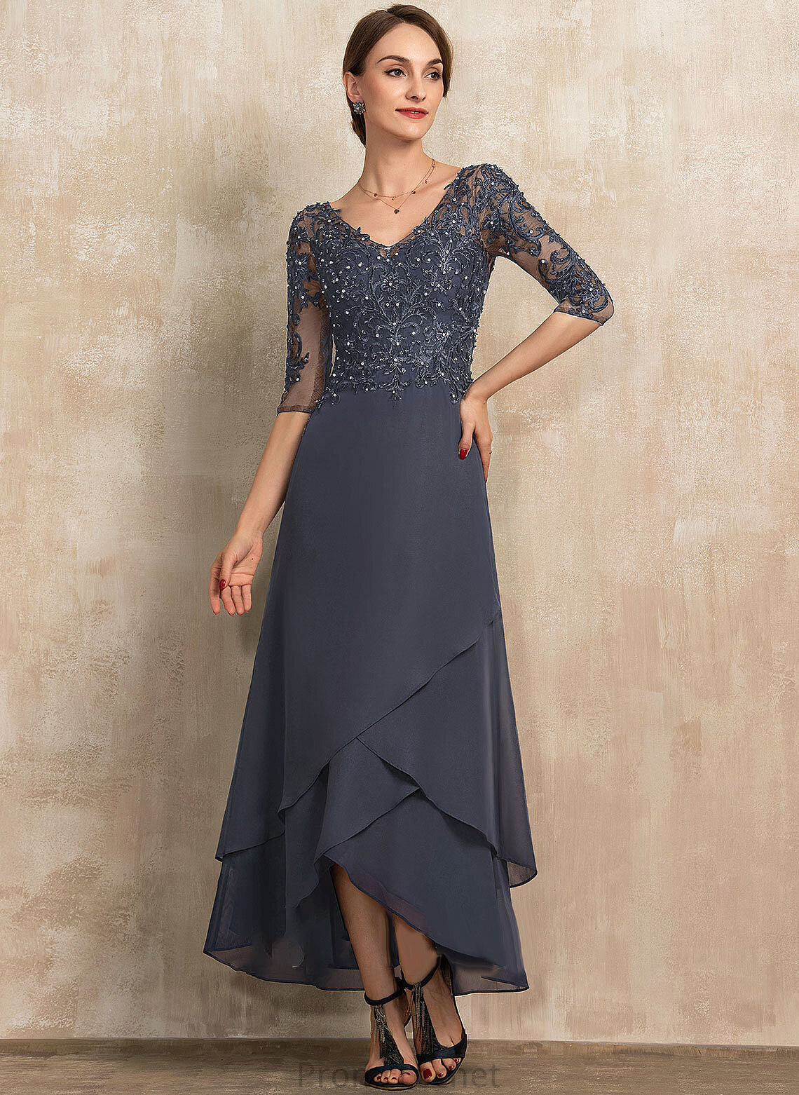 A-Line Mother of the Bride Dresses of Chiffon Thelma Asymmetrical Lace the Bride With V-neck Beading Dress Sequins Mother