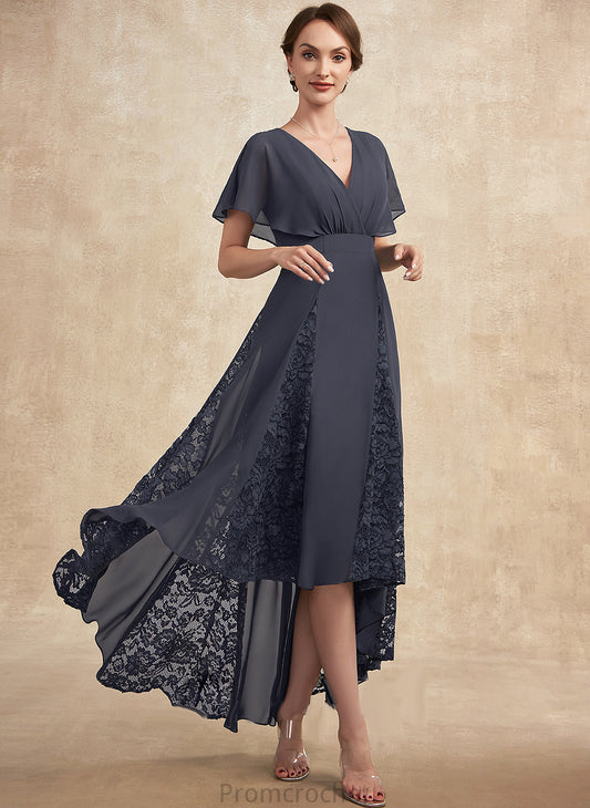 A-Line Lace Mother Elisabeth Dress of Bride the Mother of the Bride Dresses Asymmetrical With Ruffle V-neck Chiffon