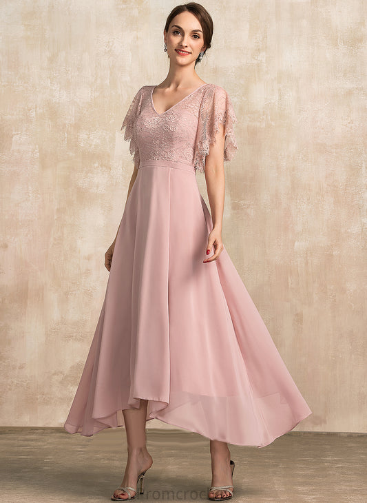 Summer A-Line Bride of Mother of the Bride Dresses Mother V-neck Chiffon Ankle-Length Lace Dress the