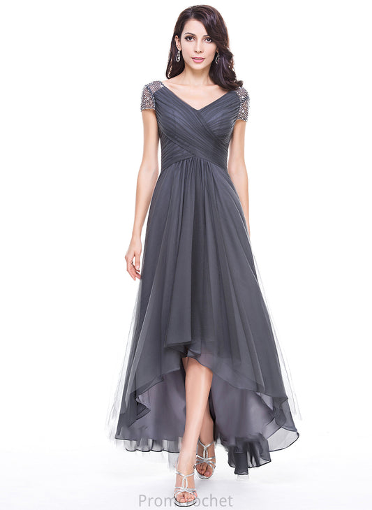 Dress Mother of the Bride Dresses the Emely V-neck of Ruffle Beading Sequins Asymmetrical Bride A-Line With Tulle Mother