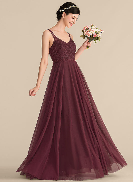 A-Line Floor-Length Silhouette V-neck Length Lace Straps Fabric Neckline Tulle Adrianna Scoop Bridesmaid Dresses