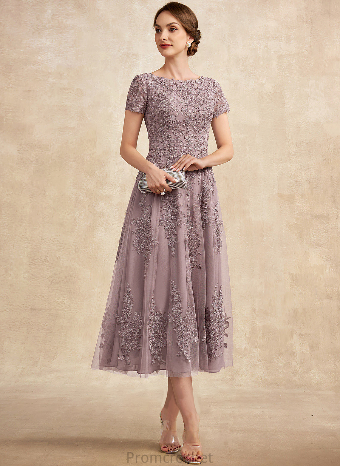 Lace Scoop Neck of Arabella Dress Mother of the Bride Dresses the A-Line Tea-Length Mother Tulle Bride