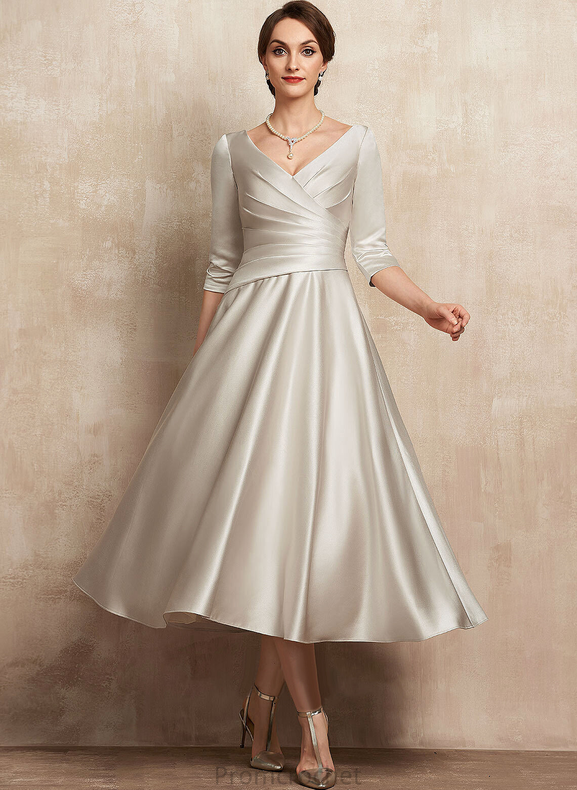 Sal A-Line Satin Mother of the Bride Dresses Tea-Length the V-neck Dress Ruffle With Mother Bride of