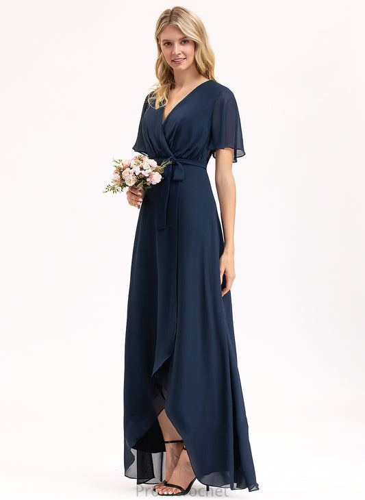 V-neck Fabric Length Asymmetrical Neckline Bow(s) A-Line Embellishment Silhouette Penny Sleeveless Floor Length Bridesmaid Dresses