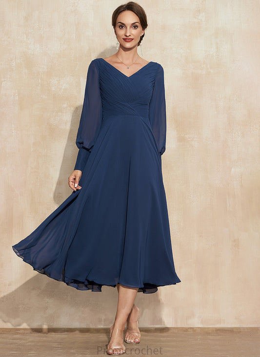 Chiffon Dress V-neck With of Tea-Length Bride Mother Ruffle the Jenna A-Line Mother of the Bride Dresses