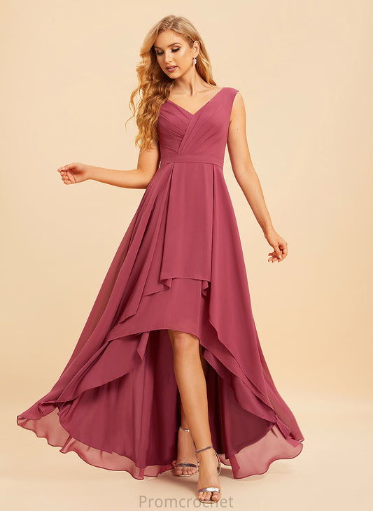 Length Embellishment Ruffle V-neck Neckline A-Line Fabric Silhouette Asymmetrical Mayra Floor Length Natural Waist Bridesmaid Dresses