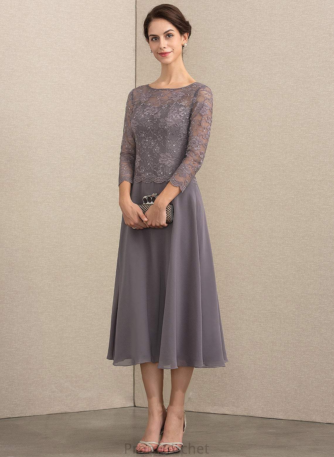 the Sasha Tea-Length Dress Scoop With Mother Chiffon Sequins Mother of the Bride Dresses Neck A-Line of Lace Bride