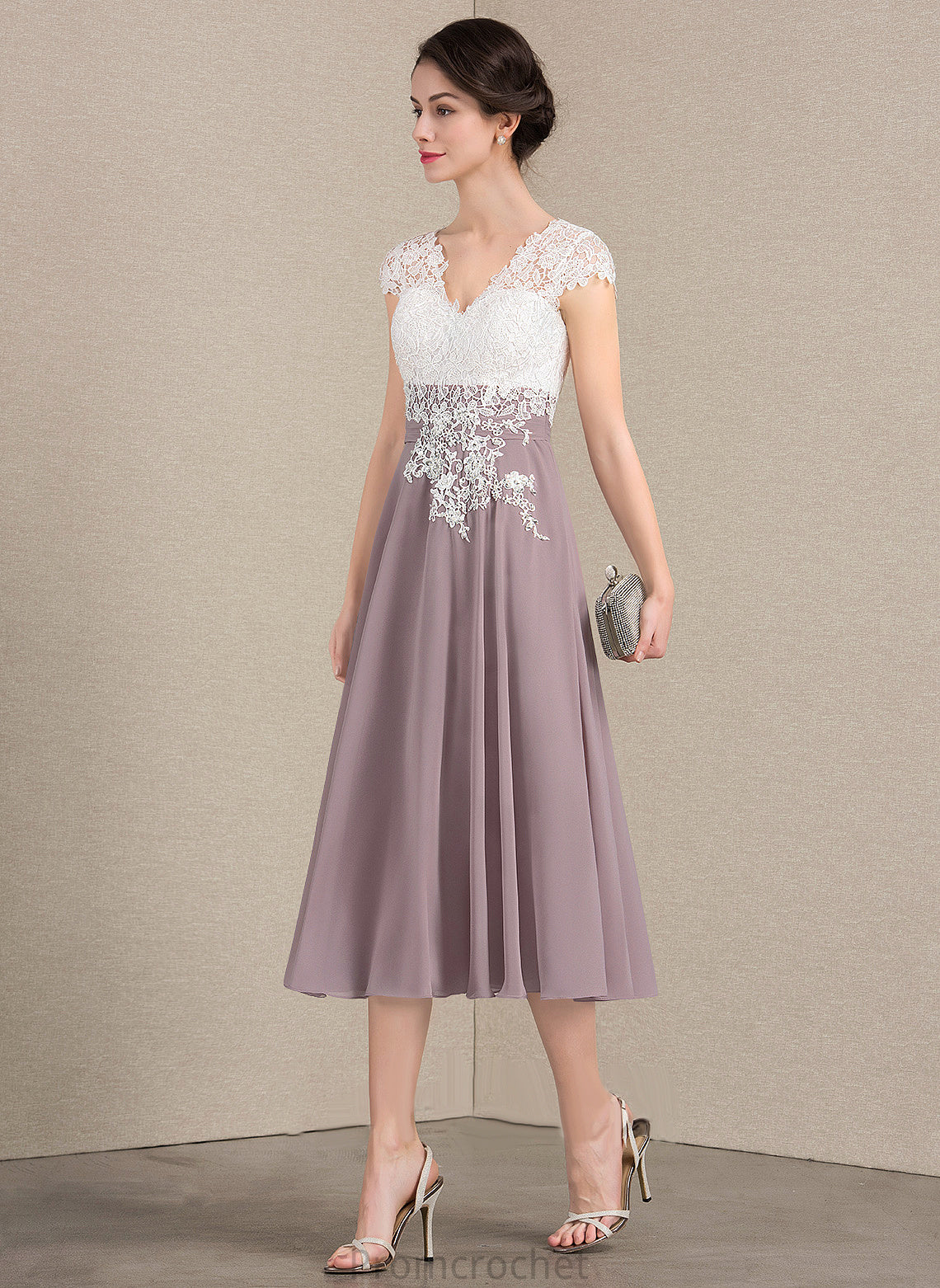 V-neck Lace Tea-Length Mother of the Bride Dresses of Dress the A-Line Mother Anahi Chiffon Bride