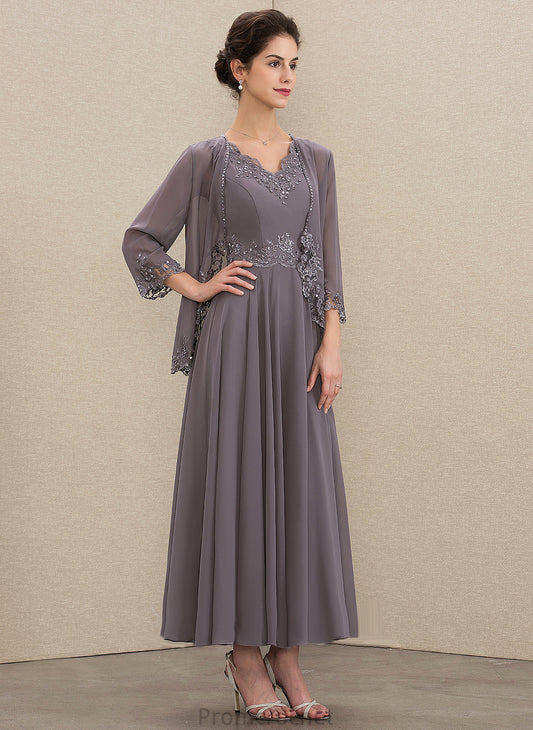 of Chiffon Dress V-neck Bride Beading Lace Ankle-Length With Sequins Mother Appliques Mother of the Bride Dresses the A-Line Aryanna