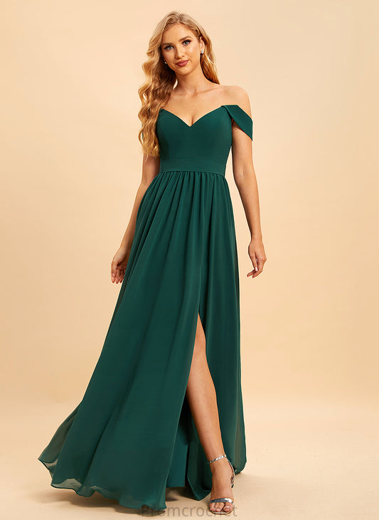 Silhouette Off-the-Shoulder Length A-Line Fabric Embellishment Floor-Length SplitFront Neckline Kylee Floor Length Off The Shoulder Bridesmaid Dresses