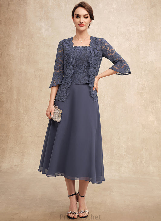 Neckline Lace Bride Chiffon Mother of the Bride Dresses Mother Aurora of Beading A-Line the With Tea-Length Dress Square