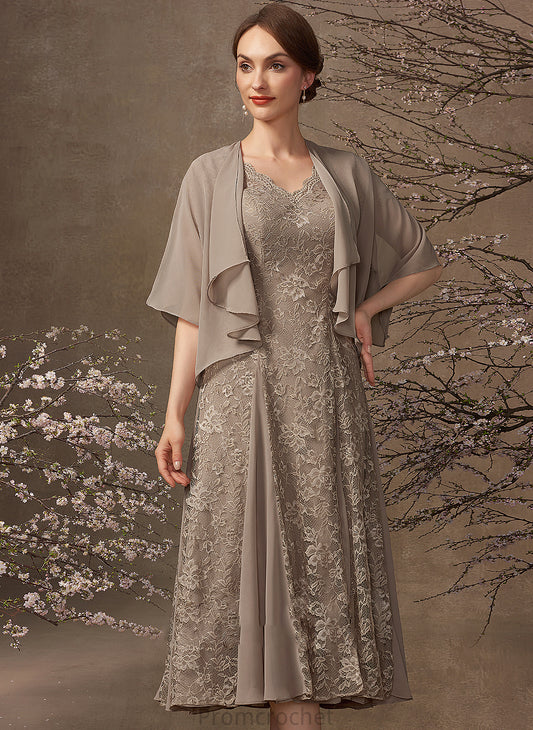 V-neck A-Line Mother Lace Bride Tea-Length Chiffon Trudie the of Dress Mother of the Bride Dresses