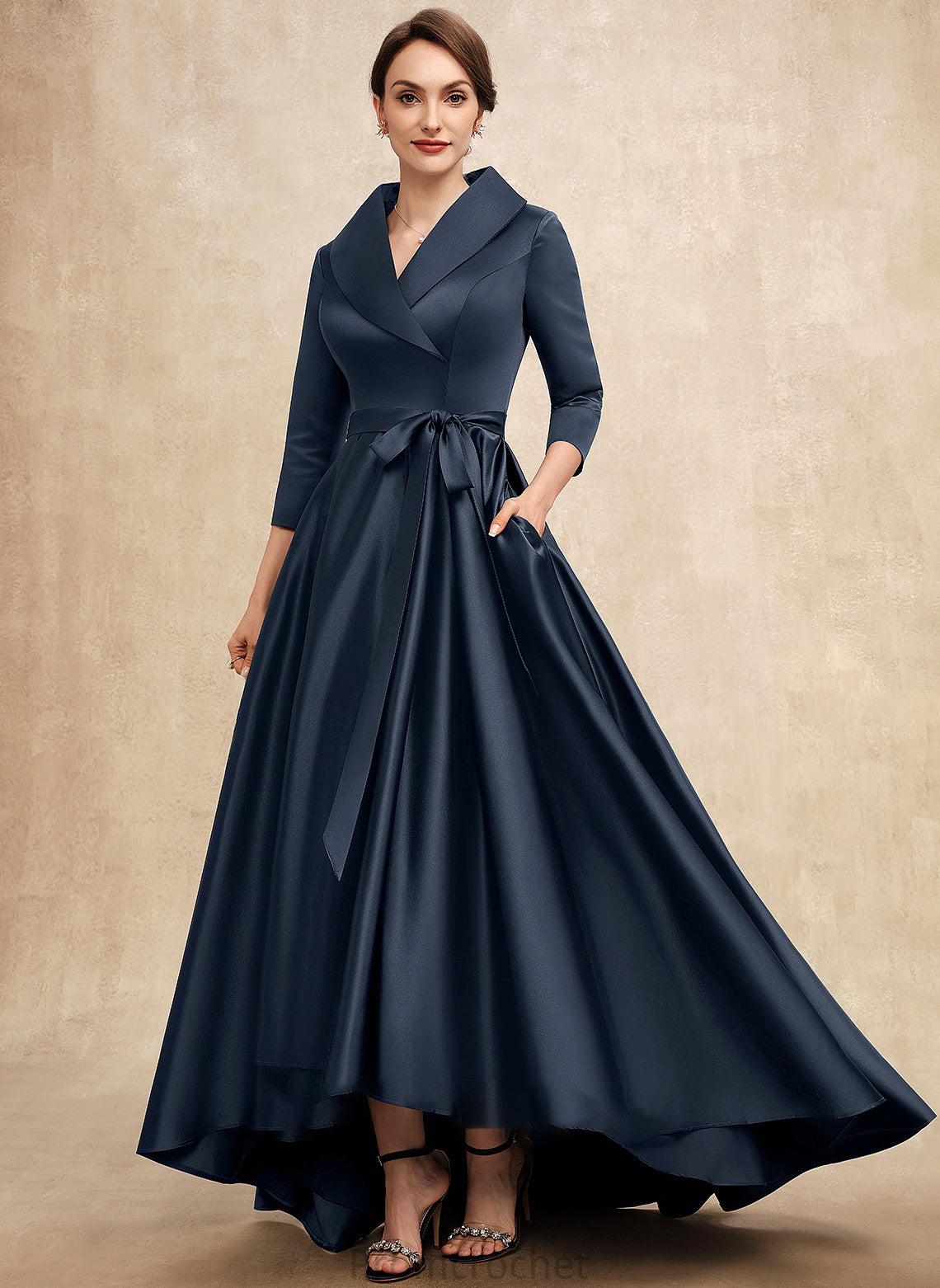 the A-Line With Nathalia V-neck Mother Bride Pockets Mother of the Bride Dresses Bow(s) Asymmetrical Satin of Dress