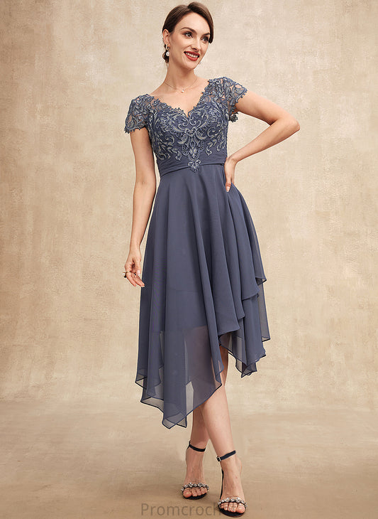 the Asymmetrical Mother Lea Ruffle Bride Mother of the Bride Dresses Lace of Chiffon A-Line Dress With V-neck