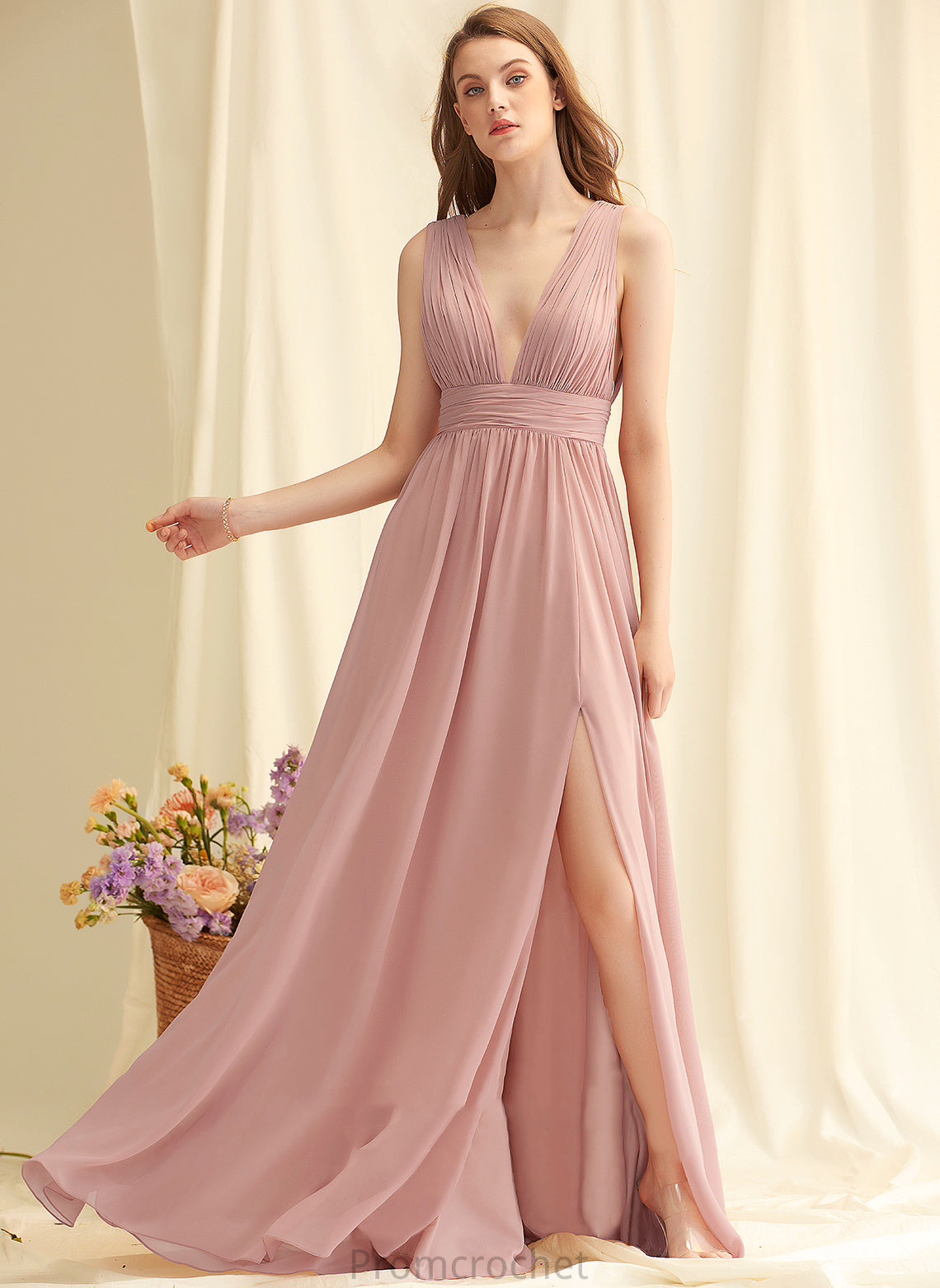 A-Line V-neck Silhouette Neckline Embellishment Length Fabric Floor-Length SplitFront Aliza Scoop Sleeveless Bridesmaid Dresses