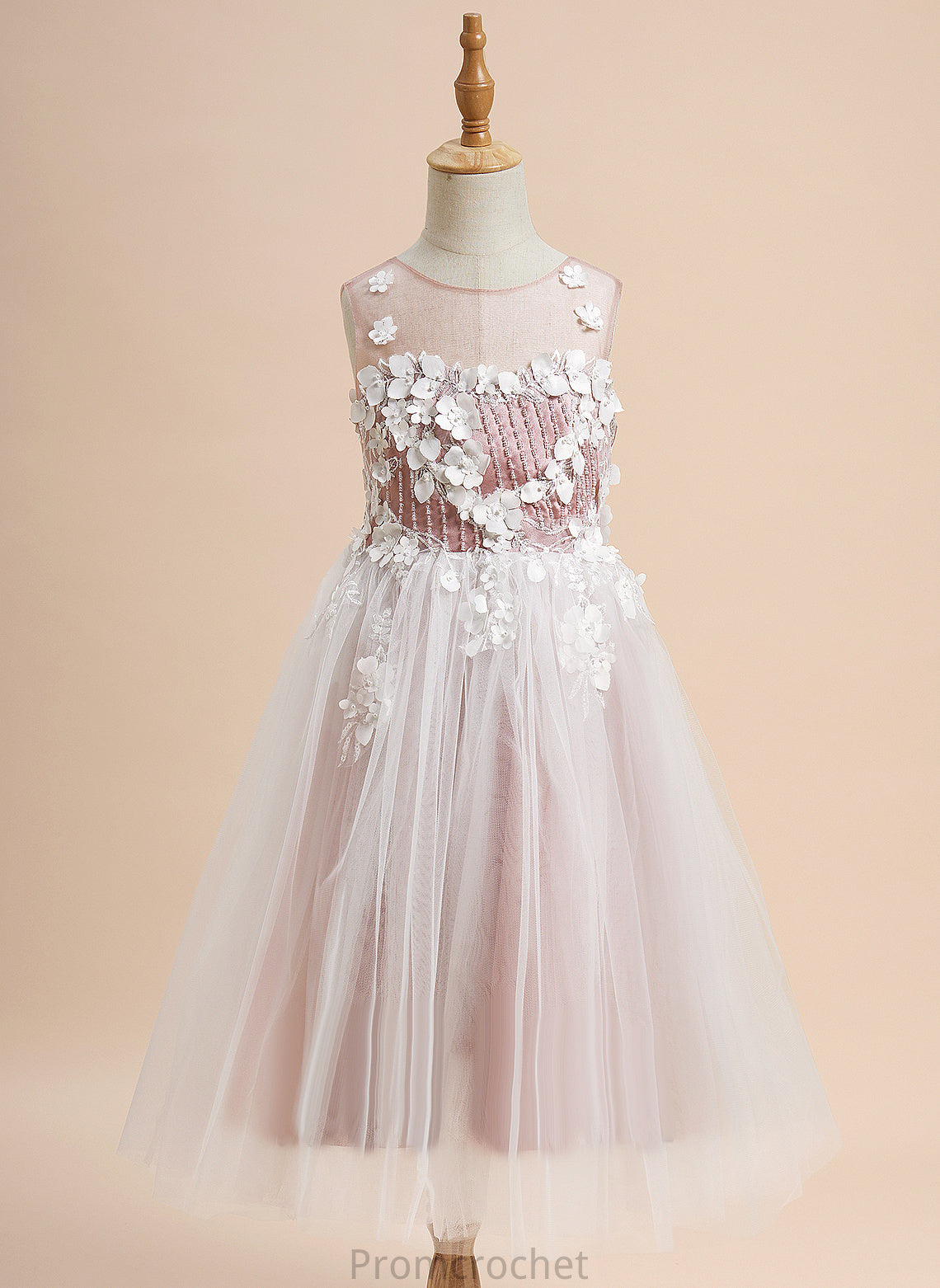 - Girl Scoop Neck Lace/Beading/Flower(s) Dress Tea-length A-Line Sleeveless Jill Flower With Tulle Flower Girl Dresses