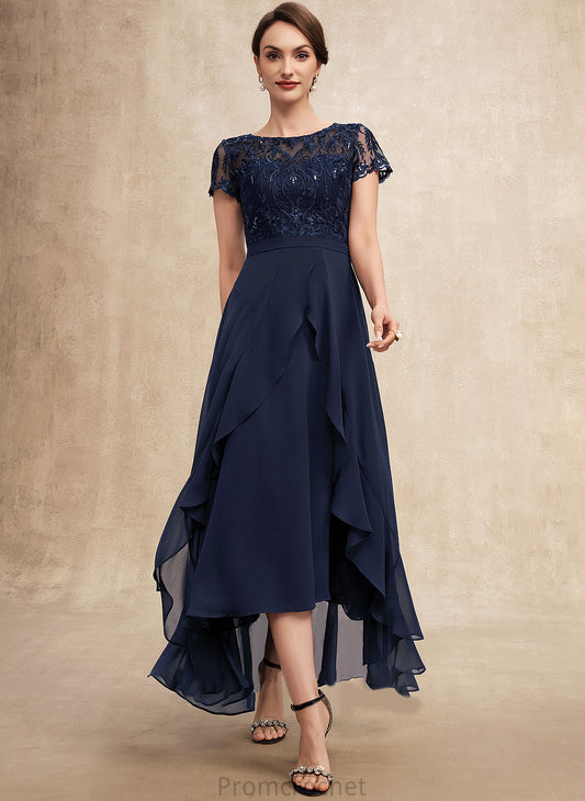 the Neck Tania Sequins Ruffles Chiffon Dress of Scoop Mother of the Bride Dresses Cascading With Lace Bride Mother A-Line Asymmetrical Bow(s)