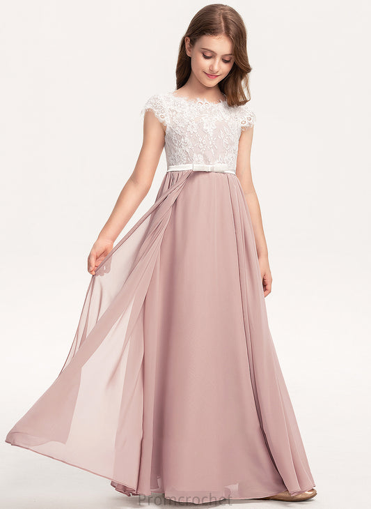 Samara Lace Bow(s) Neck Scoop Chiffon Junior Bridesmaid Dresses A-Line With Floor-Length