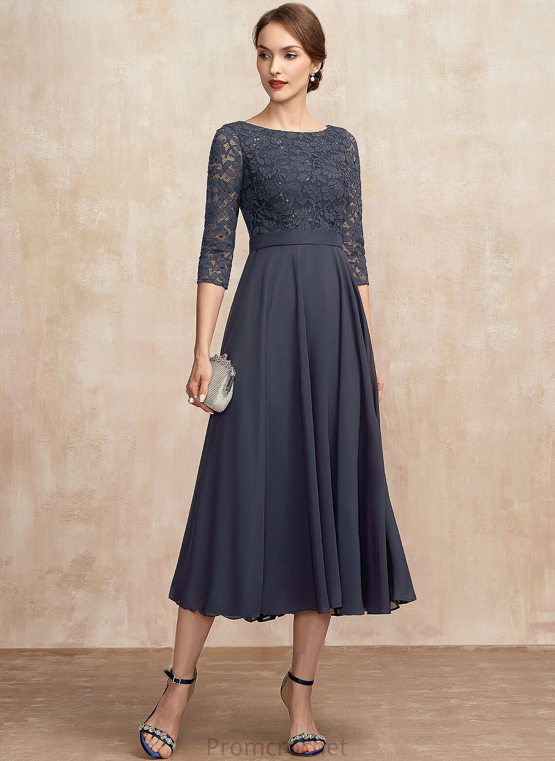 Dress Chiffon Scoop Mother of the Bride Dresses Neck Mother Bride Tea-Length of Sequins A-Line With Elsa Lace the