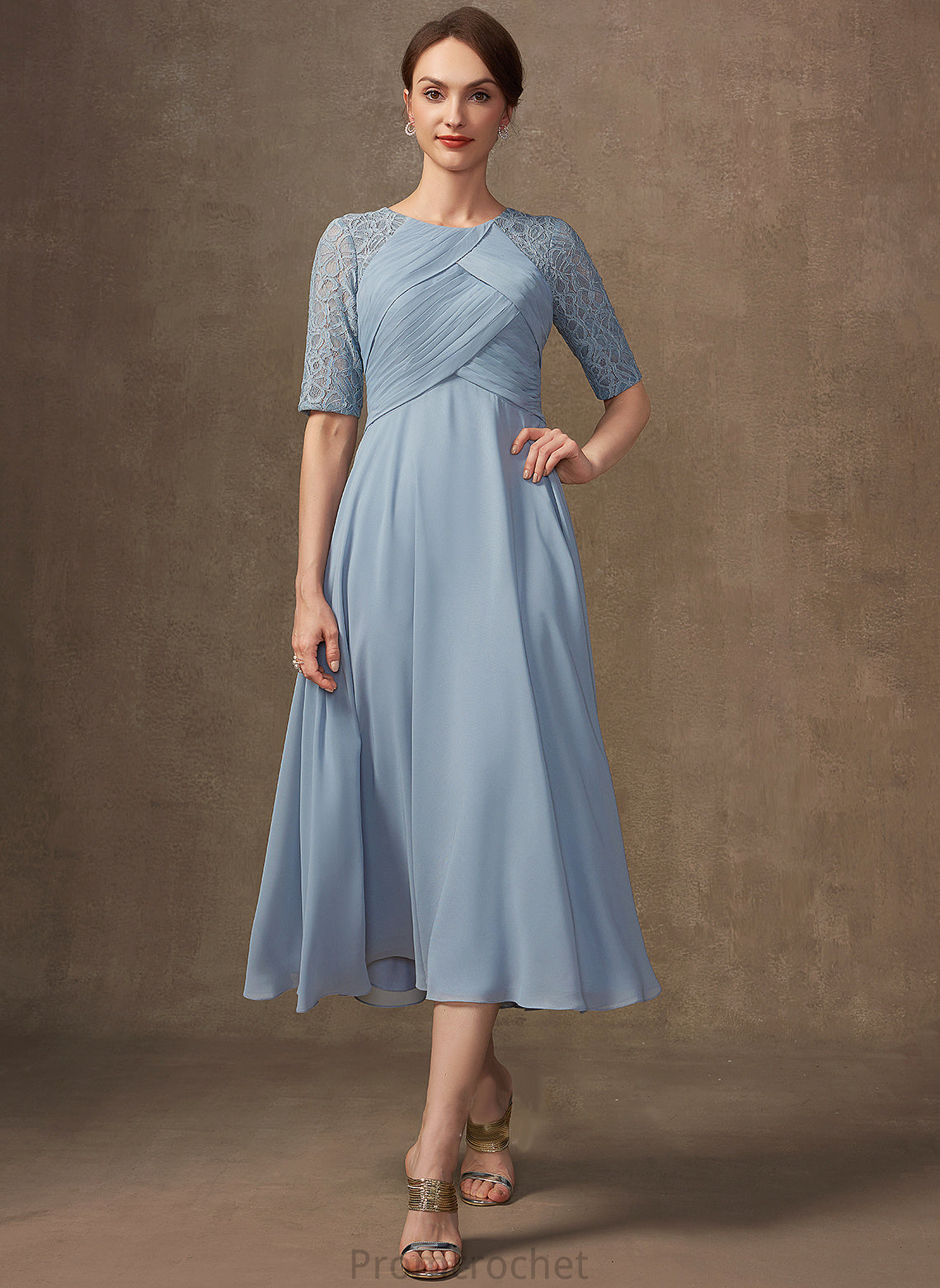 Ruffle Mother Neck of Chiffon Scoop Bride Lace A-Line Mother of the Bride Dresses the Tea-Length Dress With Laurel