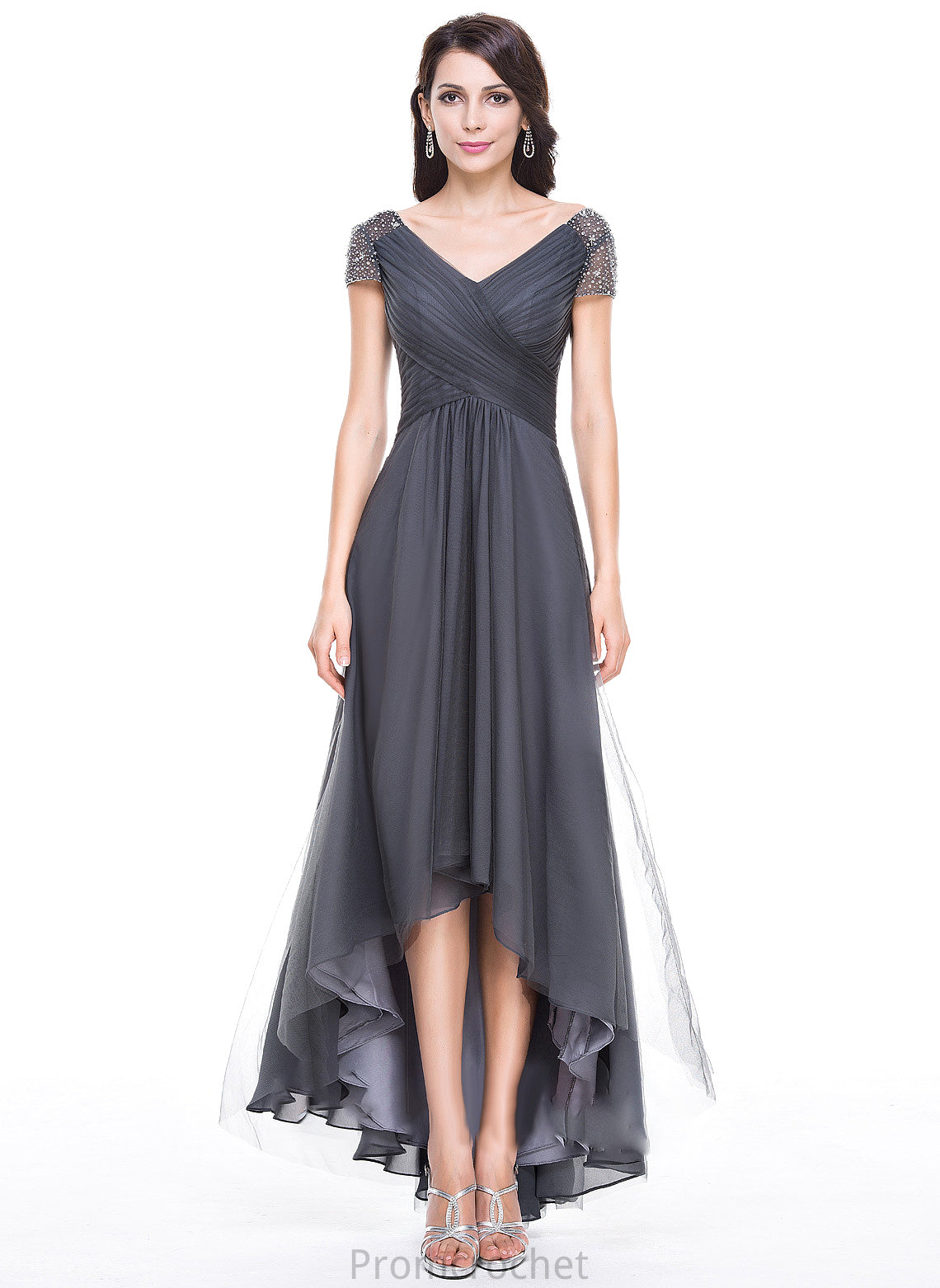 Dress Mother of the Bride Dresses the Emely V-neck of Ruffle Beading Sequins Asymmetrical Bride A-Line With Tulle Mother