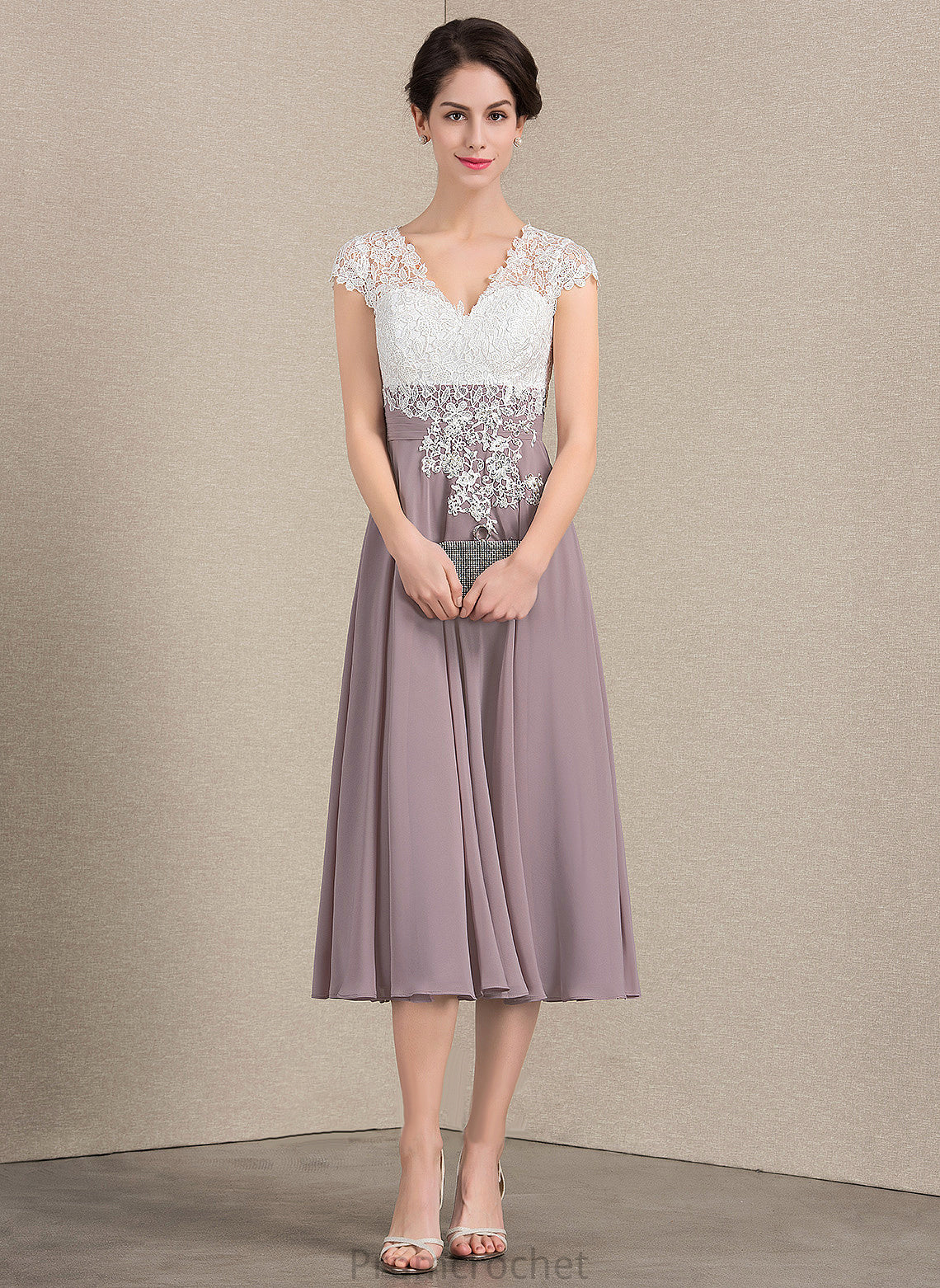 V-neck Lace Tea-Length Mother of the Bride Dresses of Dress the A-Line Mother Anahi Chiffon Bride