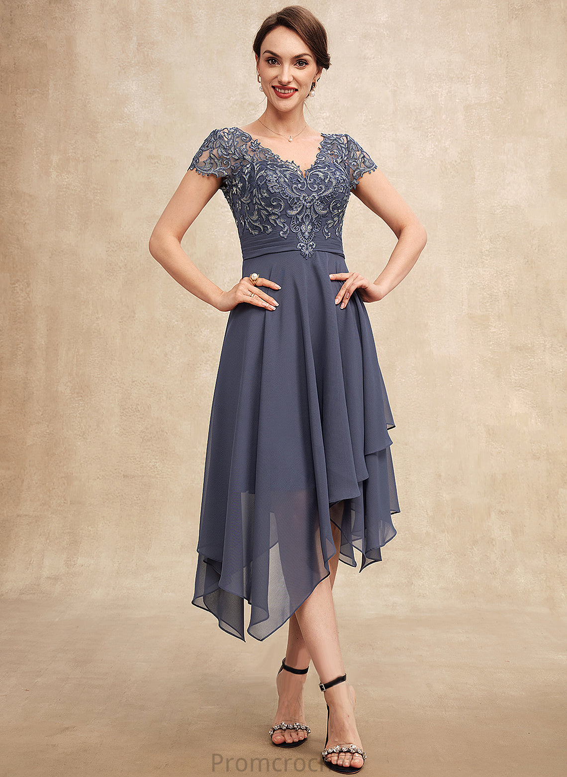 the Asymmetrical Mother Lea Ruffle Bride Mother of the Bride Dresses Lace of Chiffon A-Line Dress With V-neck