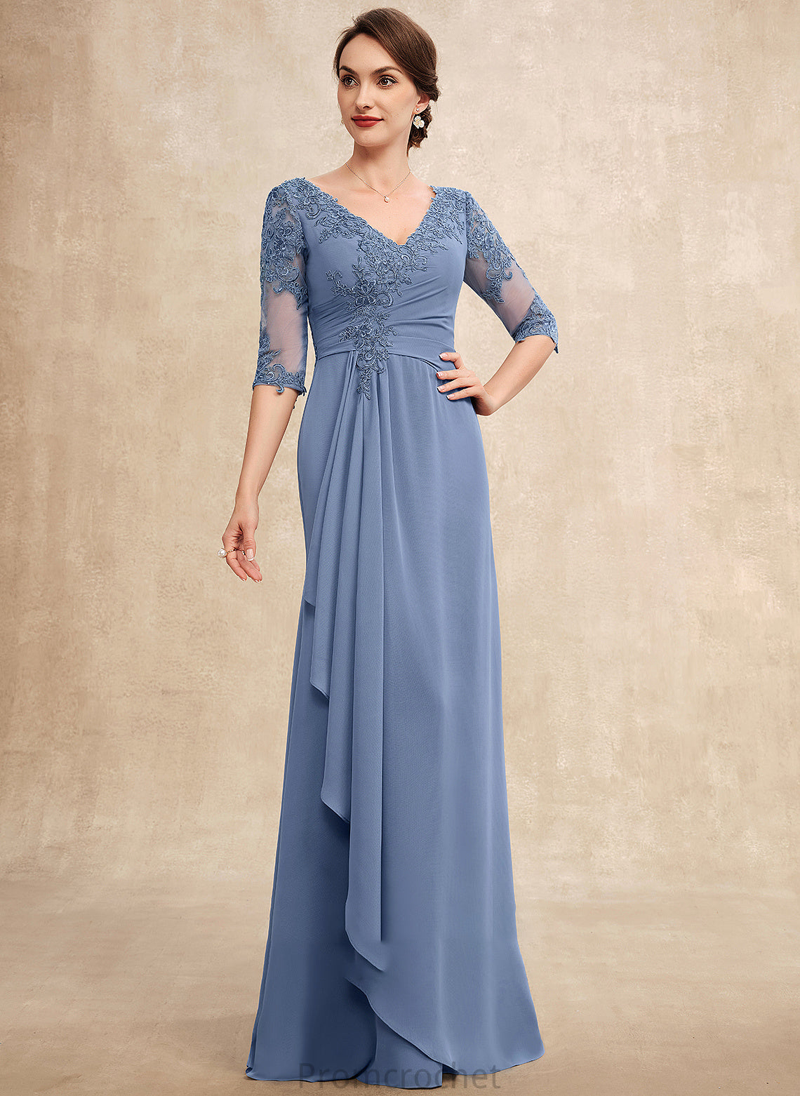 With Dress A-Line Mother Giuliana Mother of the Bride Dresses Floor-Length Bride Chiffon Ruffles Cascading V-neck of Lace the