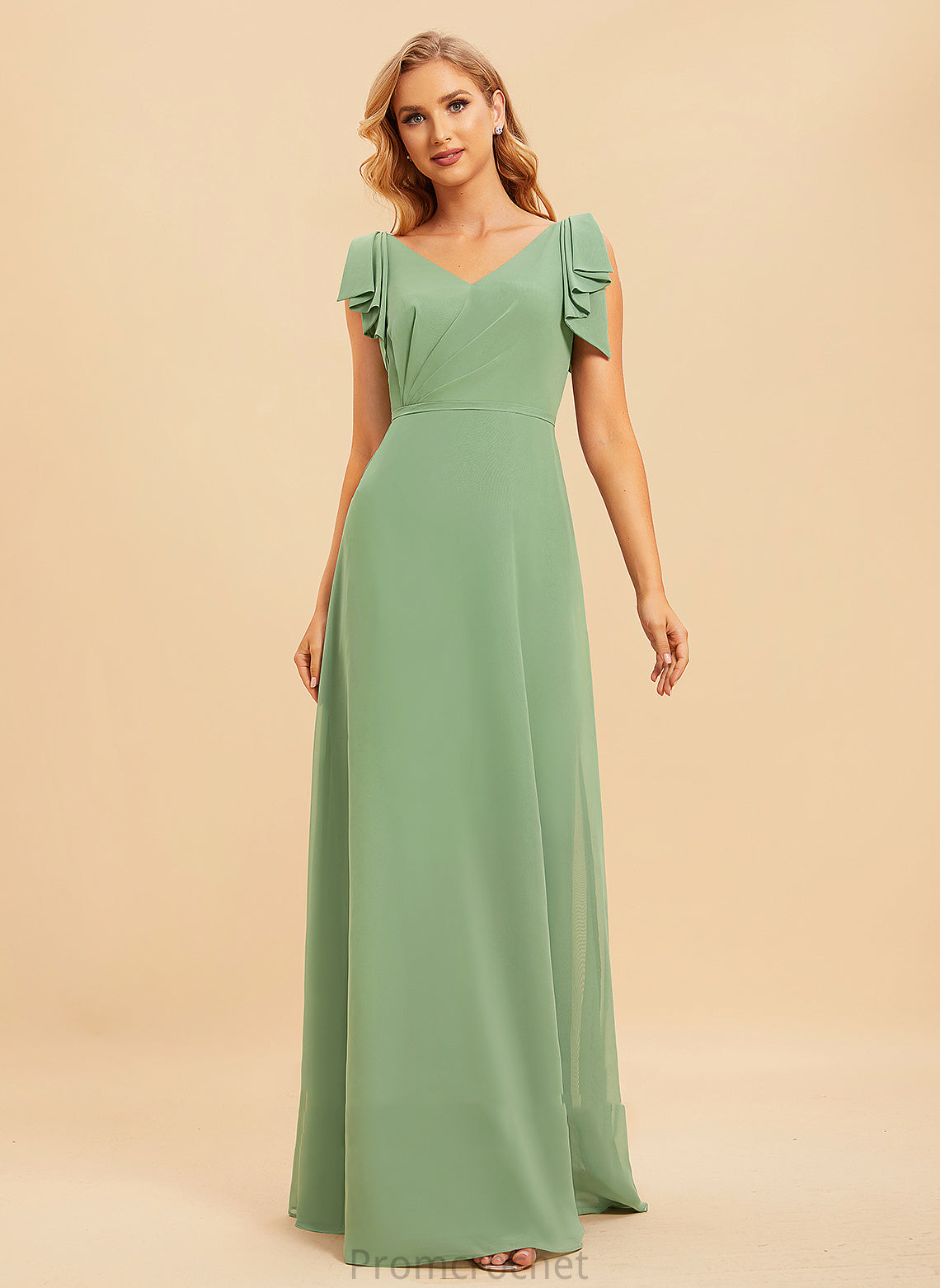 Silhouette Fabric V-neck Ruffle Floor-Length A-Line Embellishment Neckline Length Salome Natural Waist Floor Length Bridesmaid Dresses