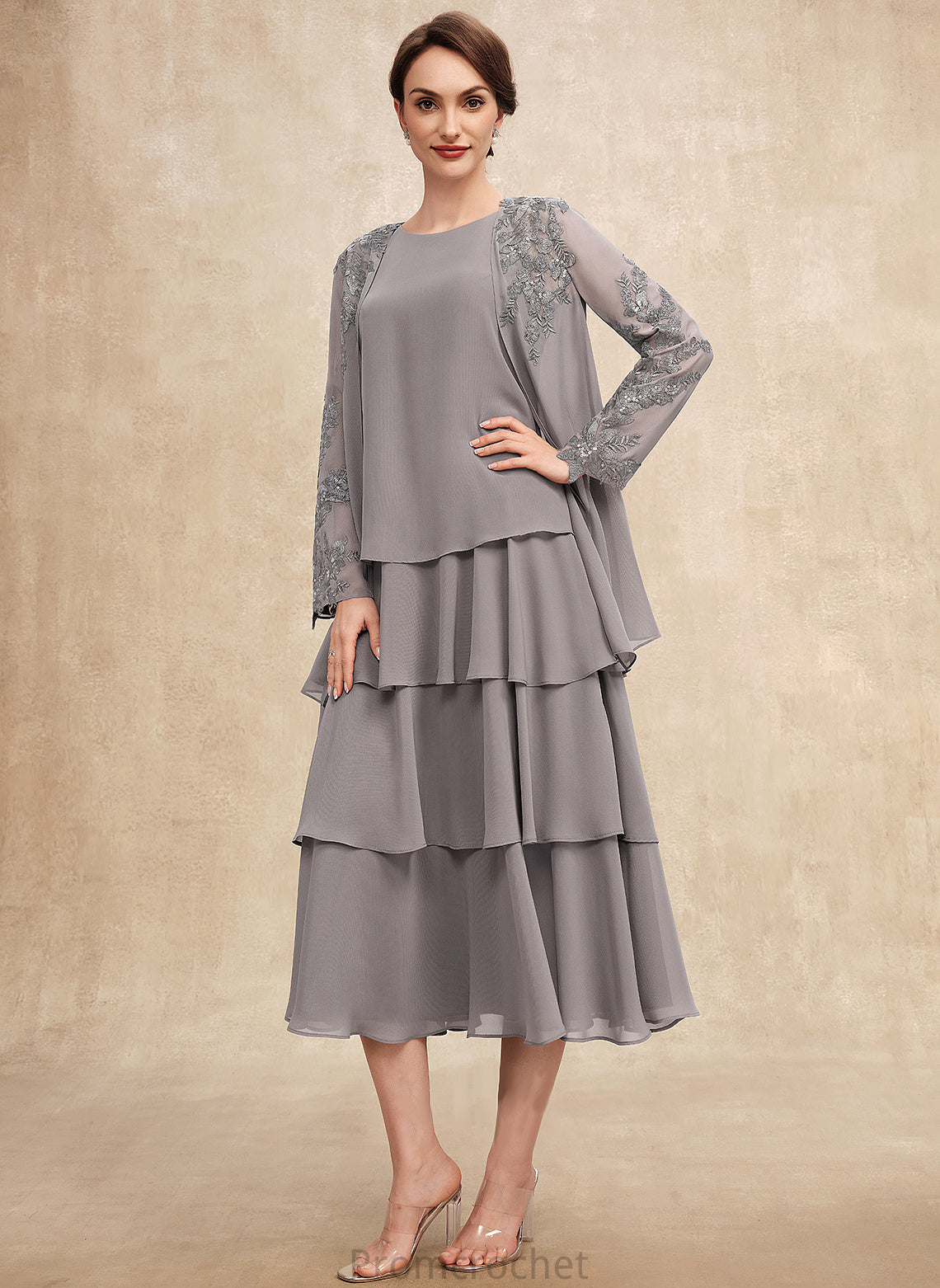 Tea-Length Neck Dress Mother Shyanne A-Line Chiffon Mother of the Bride Dresses Scoop the of Ruffles With Bride Cascading