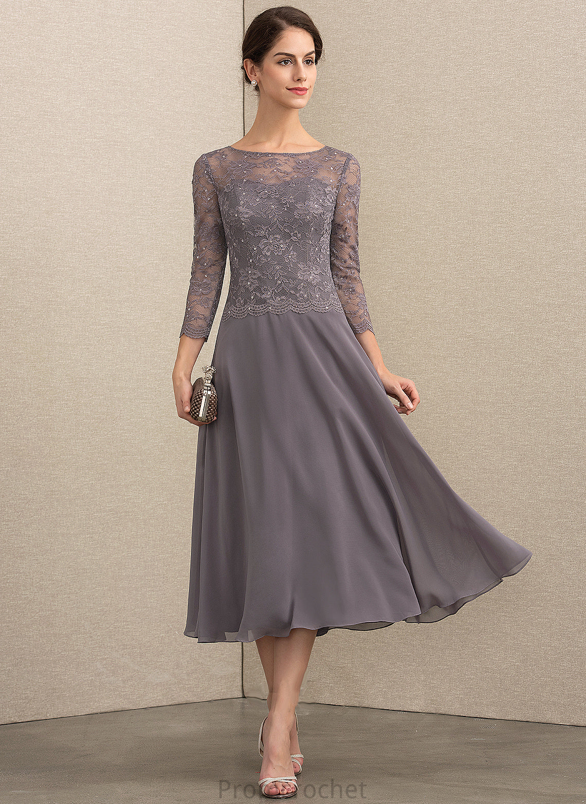 the Sasha Tea-Length Dress Scoop With Mother Chiffon Sequins Mother of the Bride Dresses Neck A-Line of Lace Bride