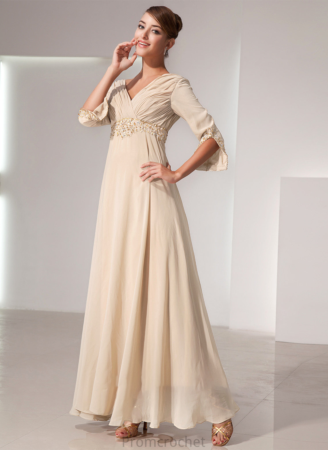 Mother of the Bride Dresses Beading Dress Floor-Length of Bride With V-neck the Ruffle Mother Jacqueline Chiffon Empire