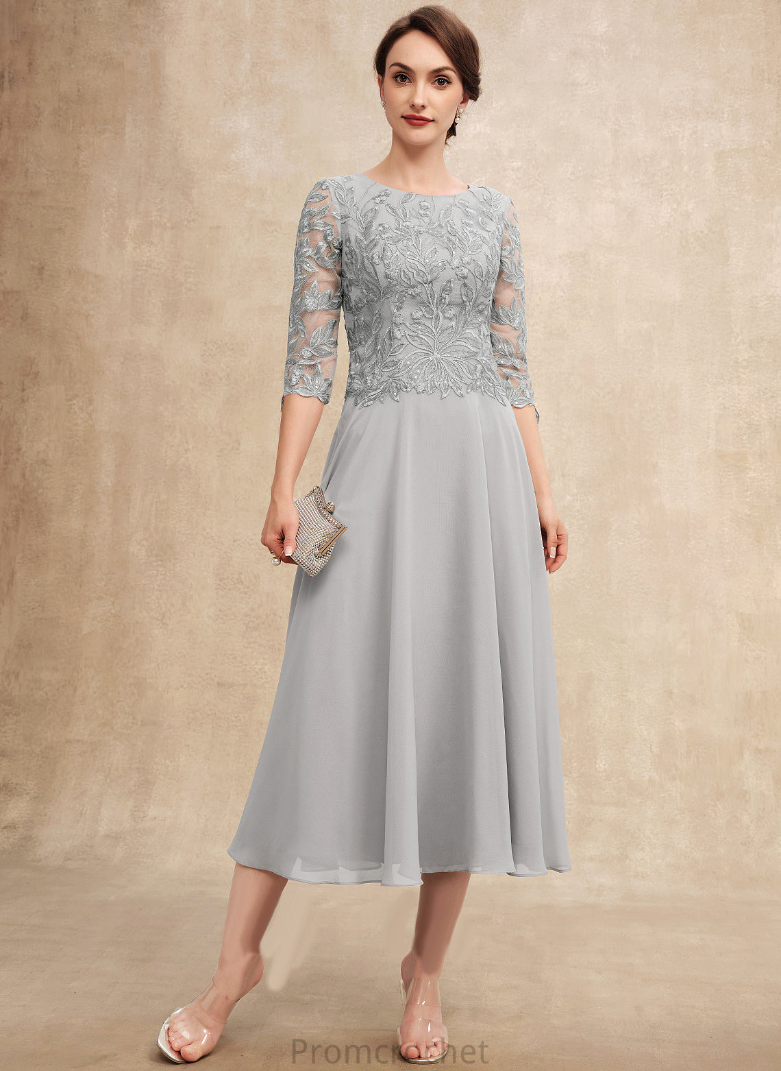 of Marilyn Tea-Length Mother of the Bride Dresses the Scoop A-Line Mother Chiffon Bride Sequins Neck Lace Dress With