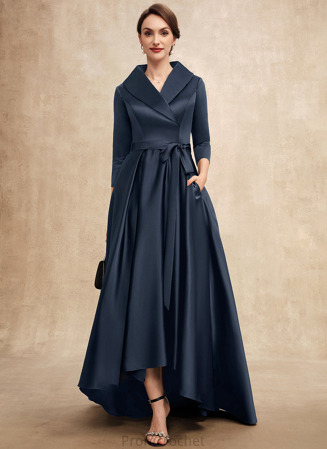 the A-Line With Nathalia V-neck Mother Bride Pockets Mother of the Bride Dresses Bow(s) Asymmetrical Satin of Dress